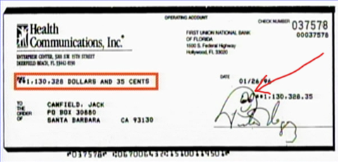 cheque-canfield-million Jack Canfield, chèque de 1 million de dollar, bouillon de poulet pour l'âme